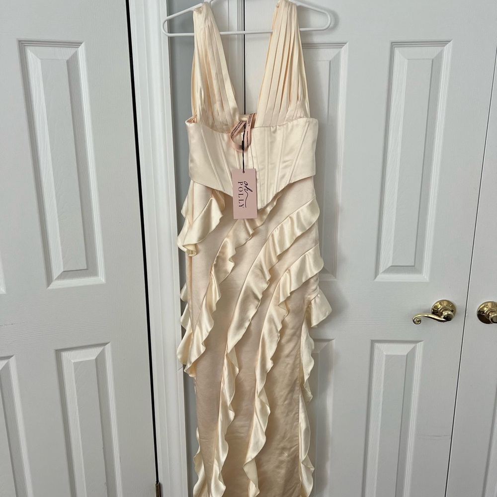 Oh Polly Cream Ruffled Tiered Halter Gown